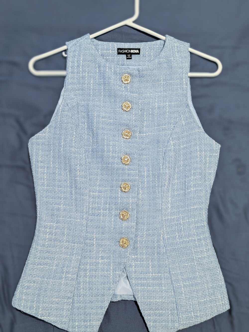 Light Blue Tweed Button Front Sleeveless Top Vest With Feminine Rose Buttons
